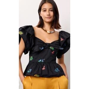 Hofmann Copenhagen Mikela Top Black Embroidered Ruffle Sl Blouse Sz 40/US6 $325